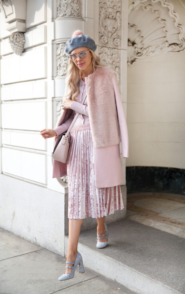 parisian vibes, anthropologie gray blush beret, pleated blush skirt, blush faux fur coat, with a blue scooter