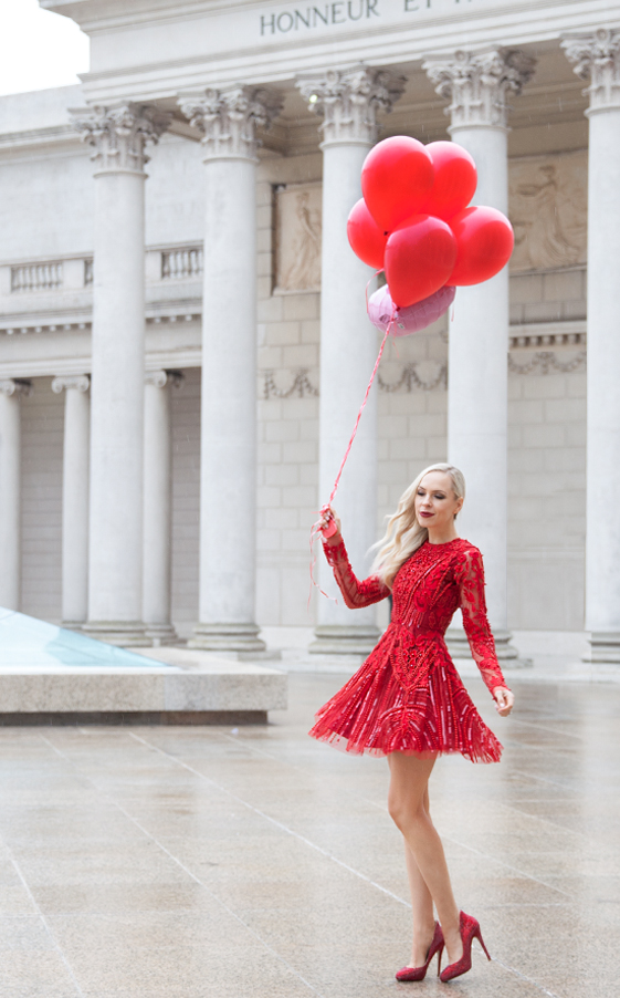 A Star is Born red beaded dress. Valentine's Day style