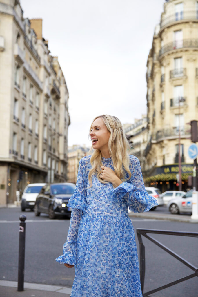 Damaris Bailey blue dress exploring Paris