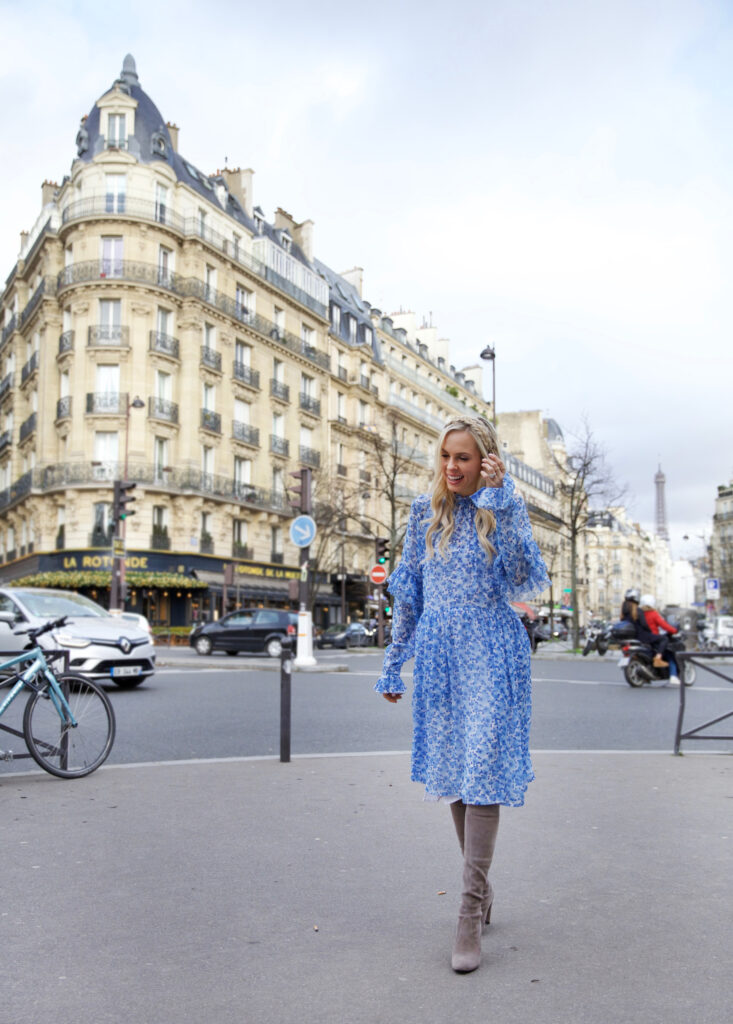 Damaris Bailey blue dress exploring Paris