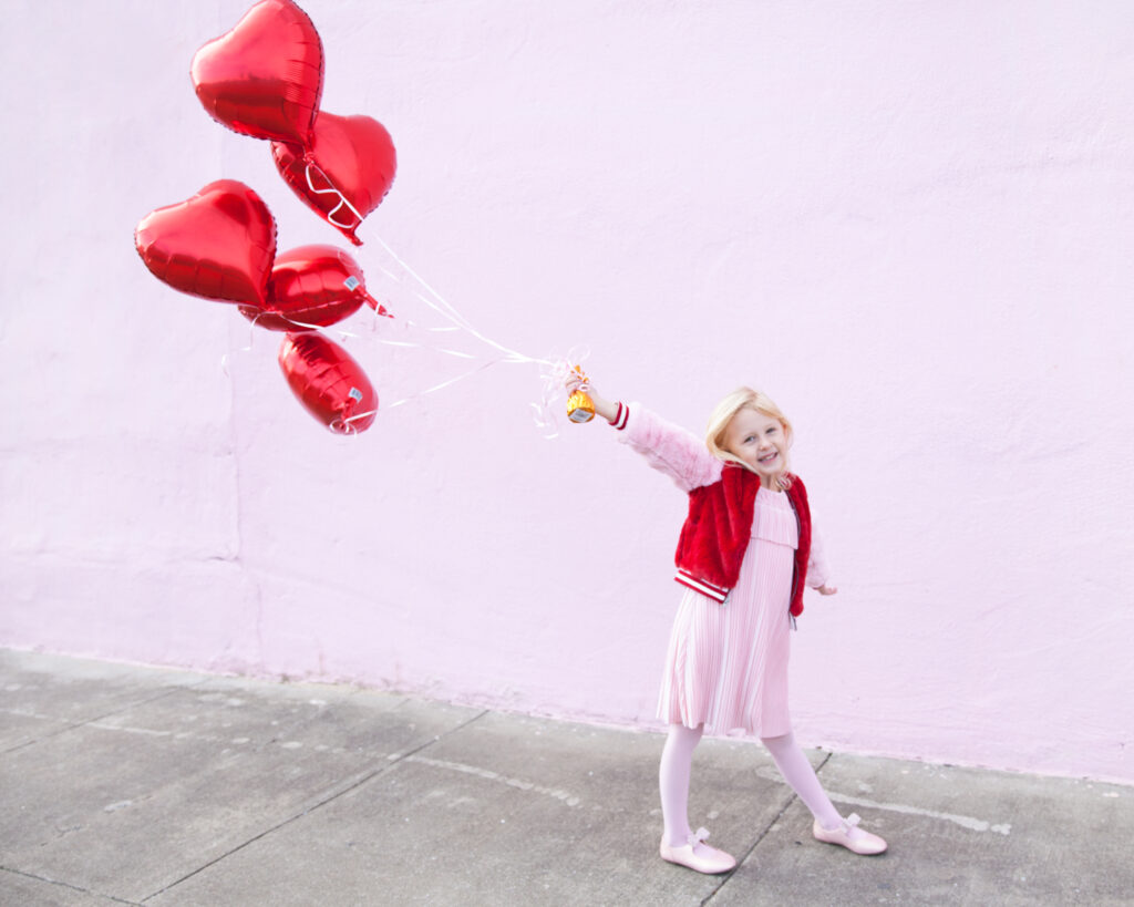 valentine's day with my daughters, red balloons, styling pink and red looks, j crew lace pants, h&m love scarf