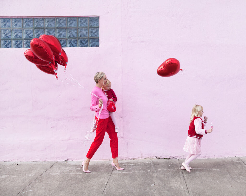 valentine's day with my daughters, red balloons, styling pink and red looks, j crew lace pants, h&m love scarf
