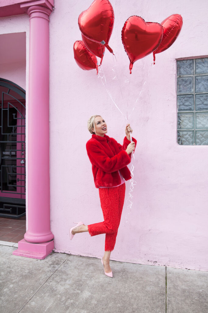 valentine's day with my daughters, red balloons, styling pink and red looks, j crew lace pants, h&m love scarf