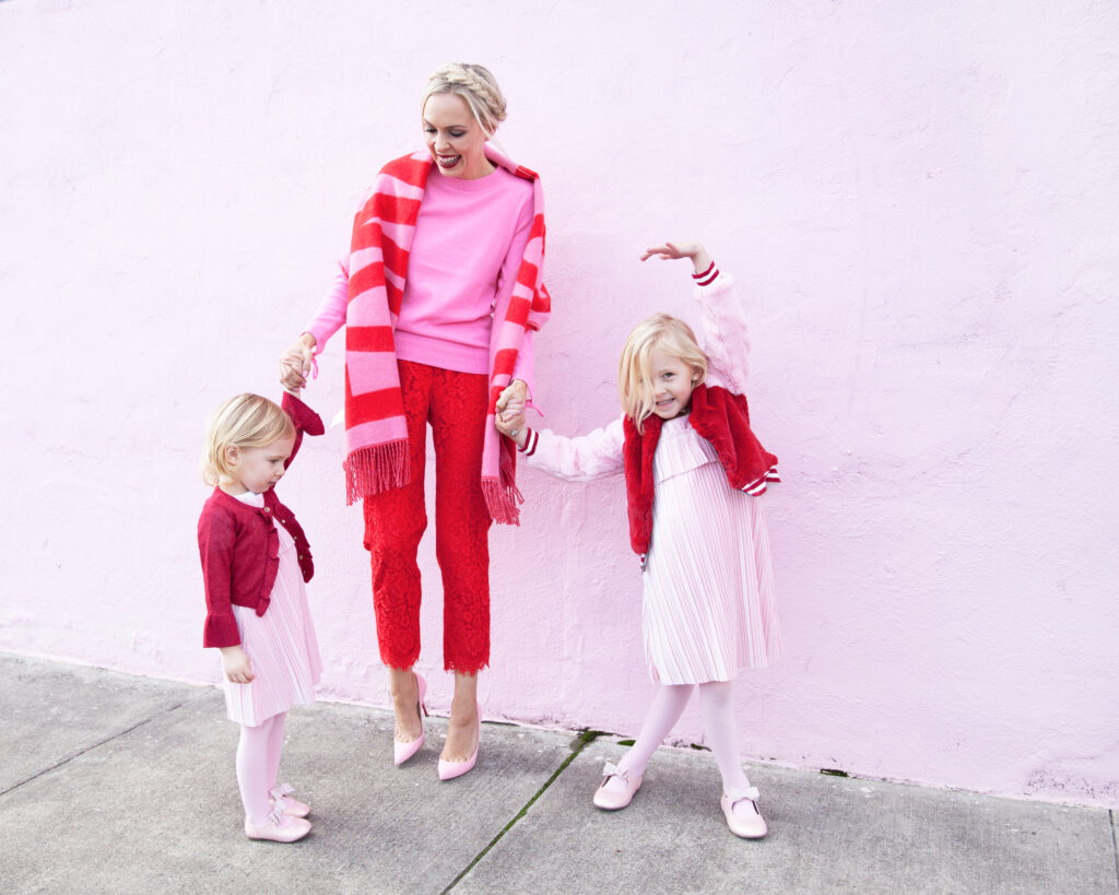 valentine's day with my daughters, red balloons, styling pink and red looks, j crew lace pants, h&m love scarf