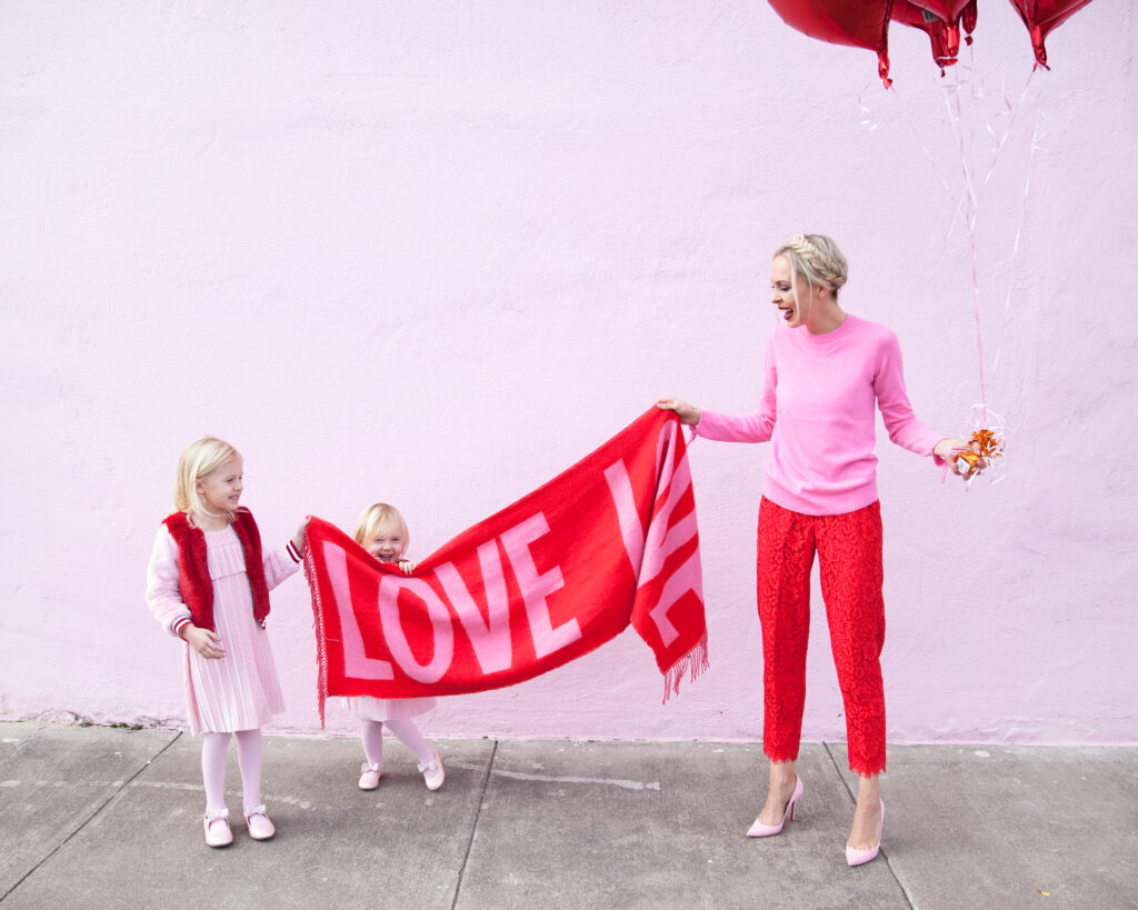 valentine's day with my daughters, red balloons, styling pink and red looks, j crew lace pants, h&m love scarf