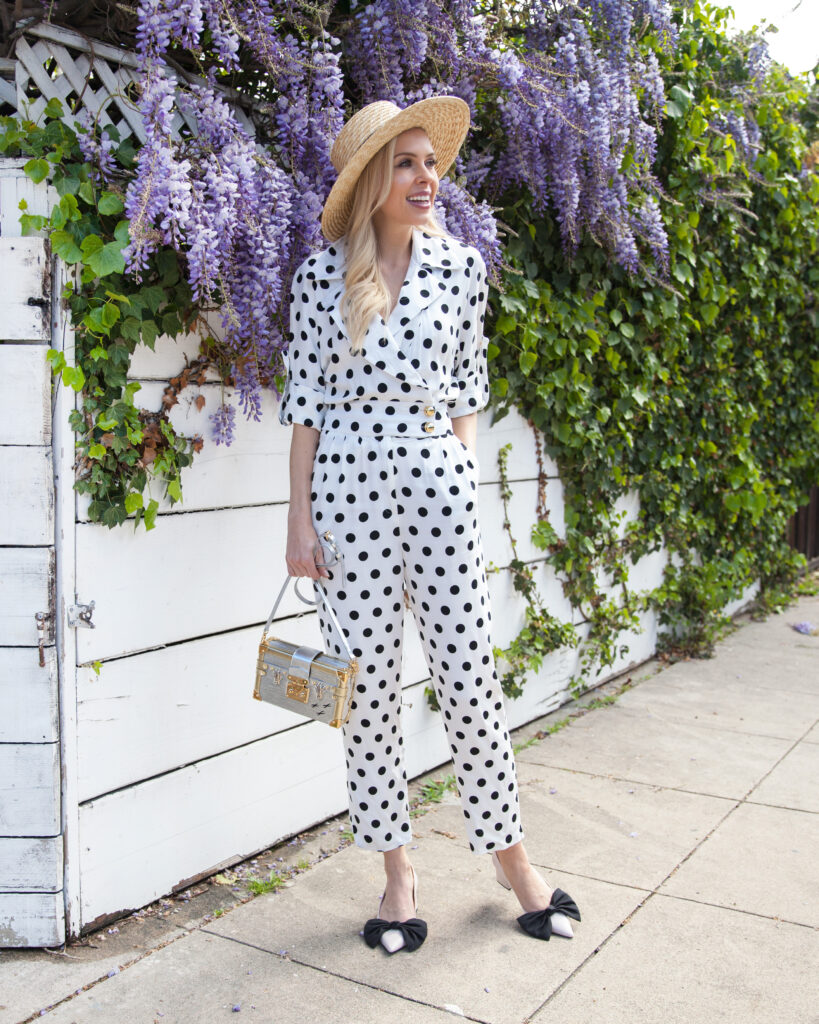 asos polka dot jumpsuit boater hat blooming wisteria