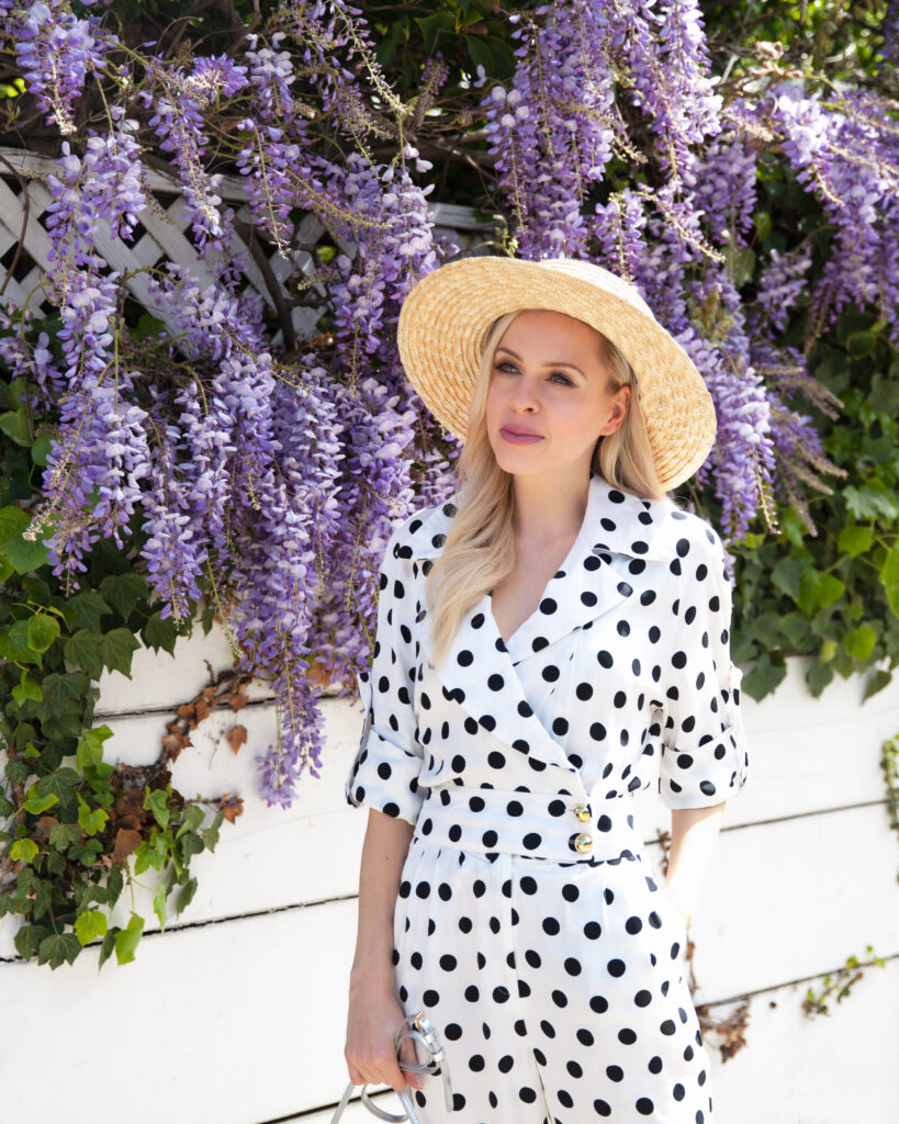 asos polka dot jumpsuit boater hat blooming wisteria