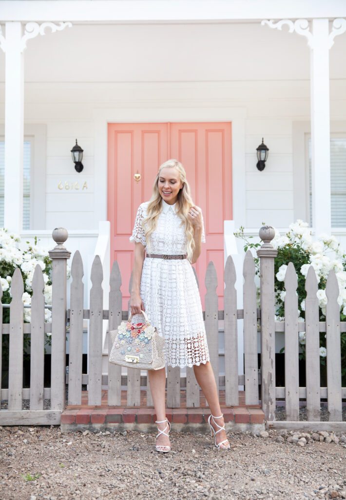 chichwish white lace dress with collar in Yountville, zac by zac posen bag, Gucci double g pearl belt