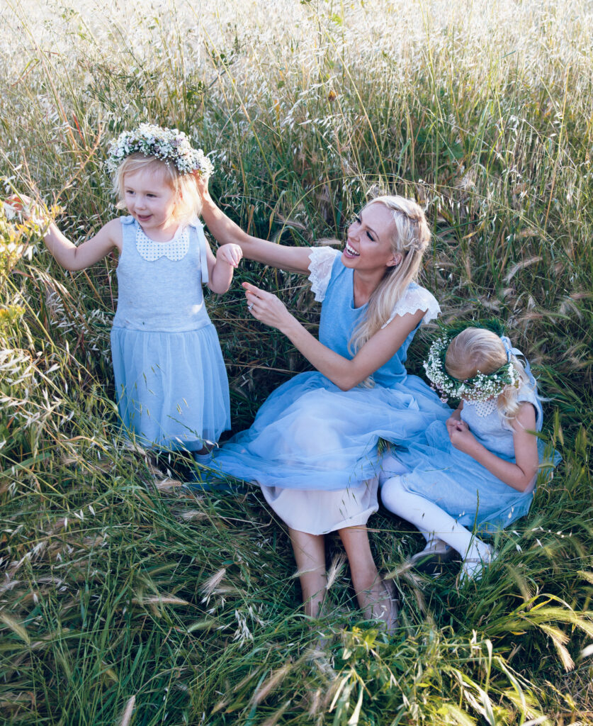 Little Blue Fairy dress, golden hour field with my daughters, j crew tulle skirt