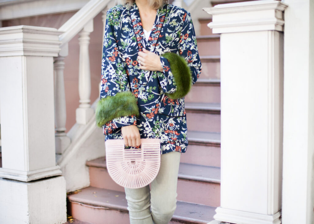 floral faux fur kimono zara | Top US fashion blog, Lombard and Fifth feature the image of a woman wearing a stunning Zara floral kimono with faux fur, Zara skinny jeans, ASOS straw boater hat, pink Gaia bag and pink Chanel flats