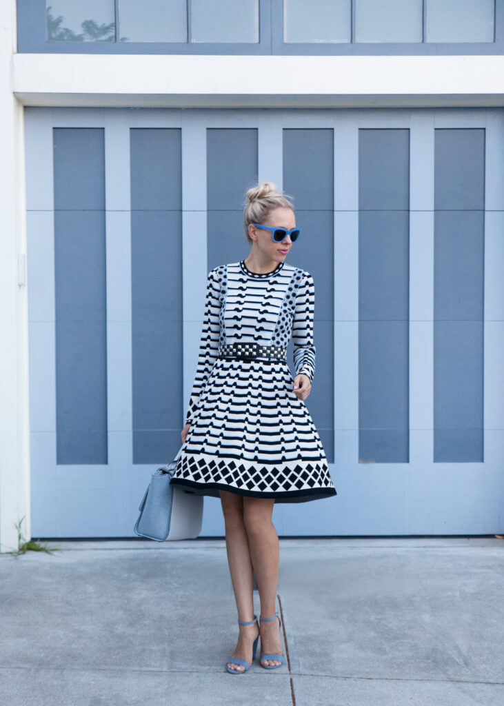 Stripe Knit Fit & Flare Dress Eliza J | The Perfect Eliza J Dress for Fall featured by top San Francisco fashion blog, Lombard and Fifth: image of a blonde woman wearing Jcrew sunglasses, Eliza J dress and blue suede heels