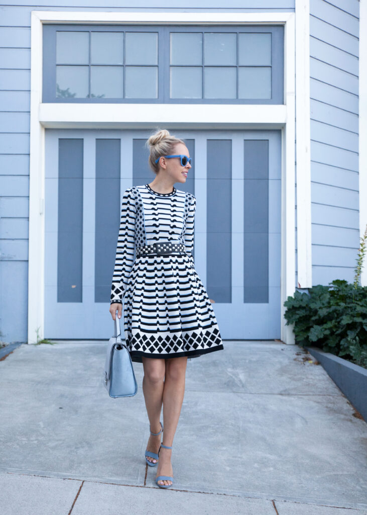Stripe Knit Fit & Flare Dress Eliza J | The Perfect Eliza J Dress for Fall featured by top San Francisco fashion blog, Lombard and Fifth: image of a blonde woman wearing Jcrew sunglasses, Eliza J dress and blue suede heels