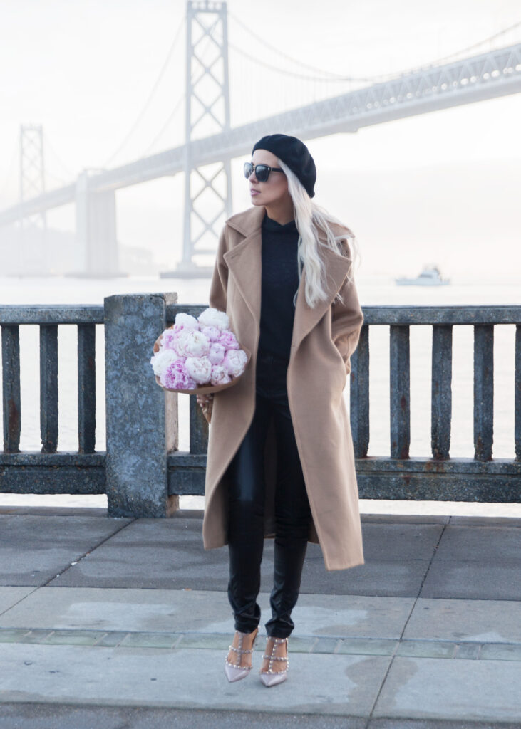 J.Ing Limited coat featured by top US fashion blog, Lombard and Fifth: image of a woman by the Golden Gate bridge in San Francisco wearing a J.Ing Limited coat, J Crew sweater, Diesel leggings.