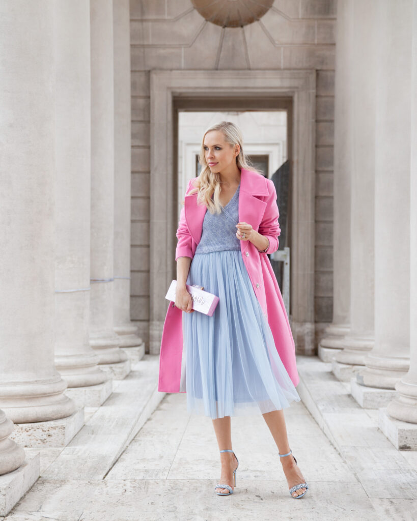 Layered Arabesque Dress Anthropologie, Miss Selfridge Tailored Jacket ASOS, New Look Embellished Barely There Heeled Sandal | Shades of Pastel featured by top San Francisco fashion blog, Lombard and Fifth: image of a blonde woman wearing a blue Anthropologie dress, ASOS Pink coat, ASOS silver sandals.