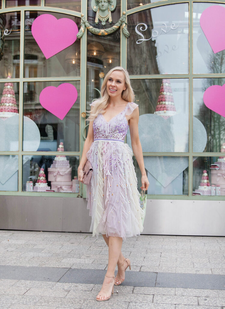 Needle & thread rainbow dress, brunch at Laduree Paris, pastel shades | Brunch at Laduree Paris featured by top San Francisco fashion blog, Lombard & Fifth: image of a blonde woman wearing Needle & Thread rainbow gown, Stuart Weitzman sandals and GAP pink faux fur coat