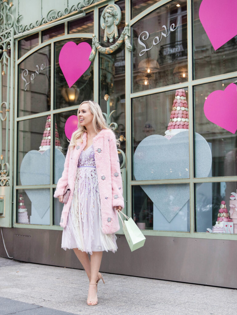 Needle & thread rainbow dress, brunch at Laduree Paris, pastel shades | Brunch at Laduree Paris featured by top San Francisco fashion blog, Lombard & Fifth: image of a blonde woman wearing Needle & Thread rainbow gown, Stuart Weitzman sandals and GAP pink faux fur coat