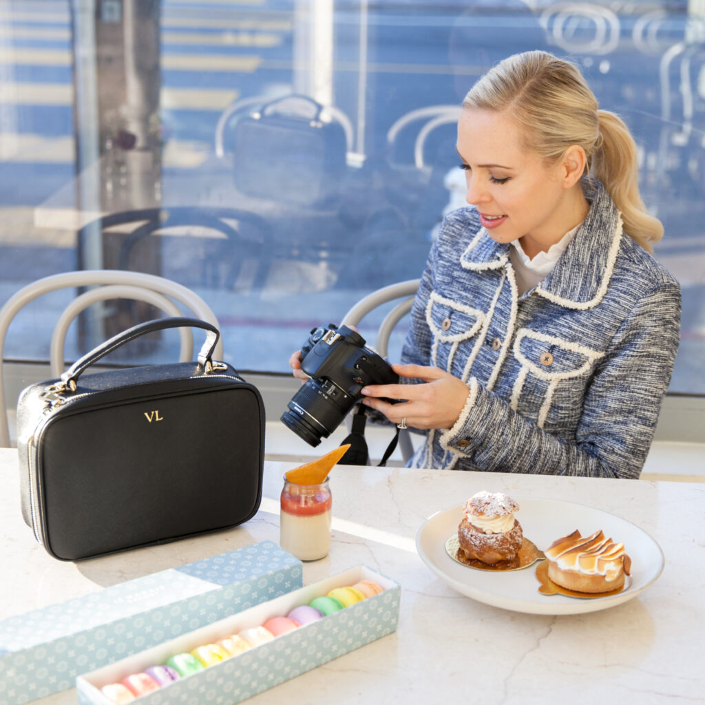 luxemono monogrammed camera bag Le Marais Bakery San Francisco featured by top US fashion blog Lombard and Fifth: image of a blonde woman with the Luxemono Carly Camera Bag