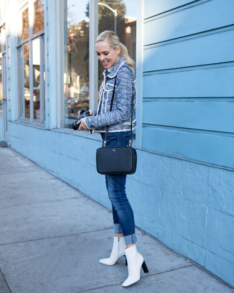 luxemono monogrammed camera bag Le Marais Bakery San Francisco  featured by top US fashion blog Lombard and Fifth: image of a blonde woman with the Luxemono Carly Camera Bag