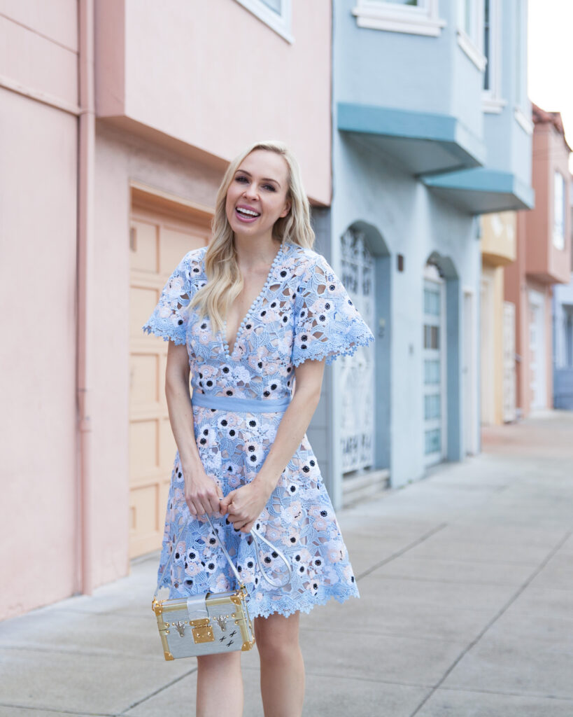 LA MAISON TALULAH dress_wedding guest dress guide | Spring Wedding Guest Dresses featured by top San Francisco fashion blog, Lombard and Fifth: image of a blonde woman wearing a Nordstrom crochet dress, Stuart Weitzman sandals and Louis Vuitton petite malle