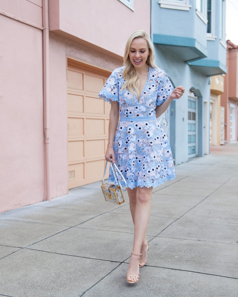  | Spring Wedding Guest Dresses featured by top San Francisco fashion blog, Lombard and Fifth: image of a blonde woman wearing a Nordstrom crochet dress, Stuart Weitzman sandals and Louis Vuitton petite malle