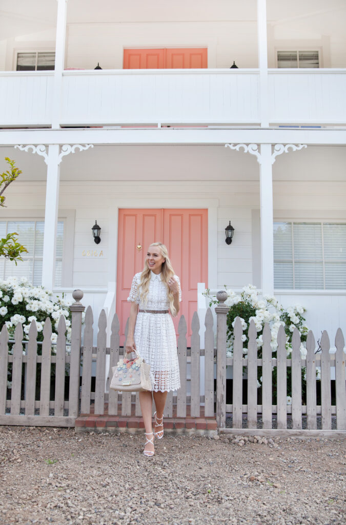 chichwish white lace dress with collar in Yountville, zac by zac posen bag, Gucci double g pearl belt