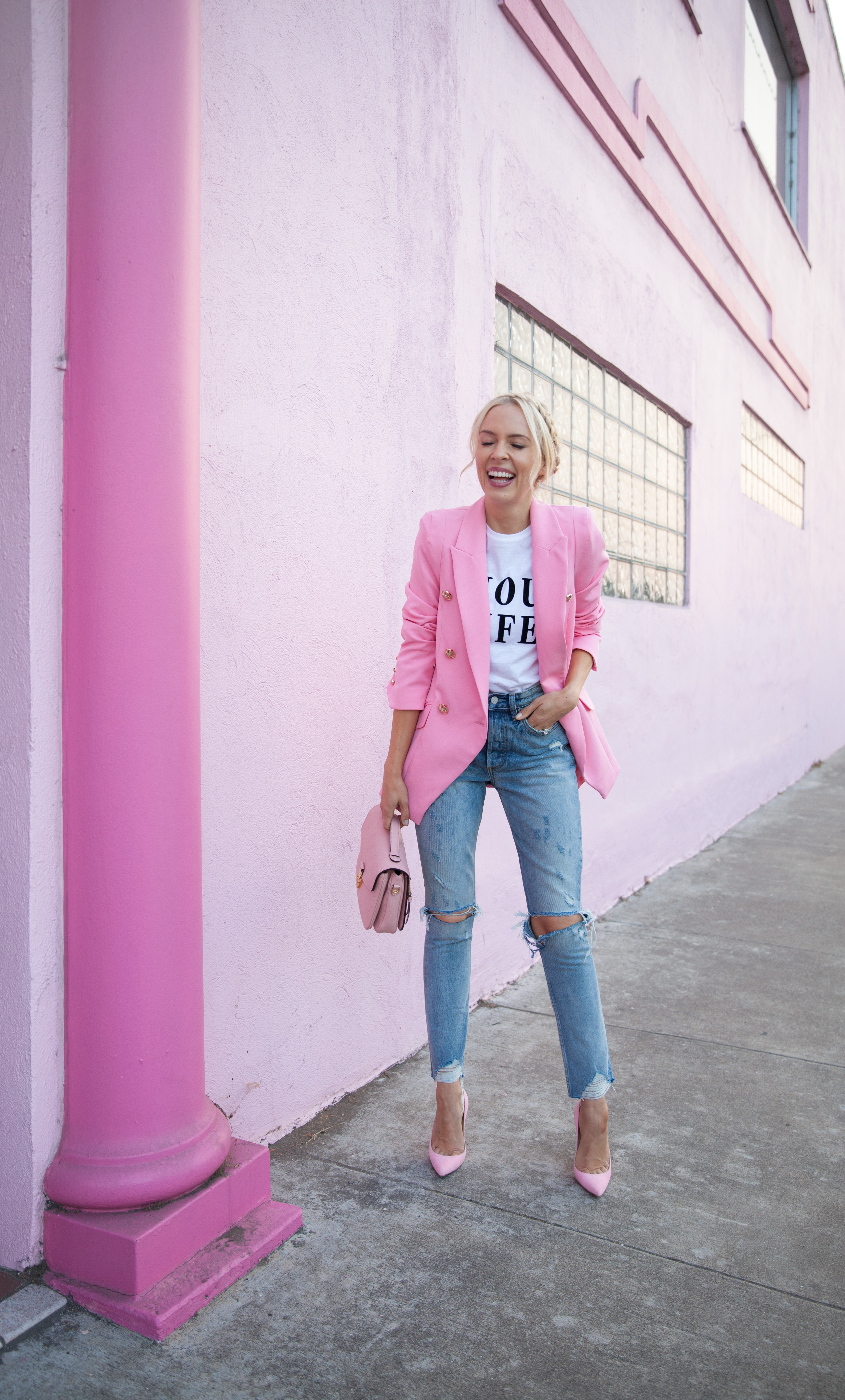 Pink double breasted tux jacket river island | Pink fashion favorites featured by top San Francisco fashion blog, Lombard and Fith: image of a blonde woman wearing a RIver Island pink blazer, denim jeans, pink flats and a pink handbag