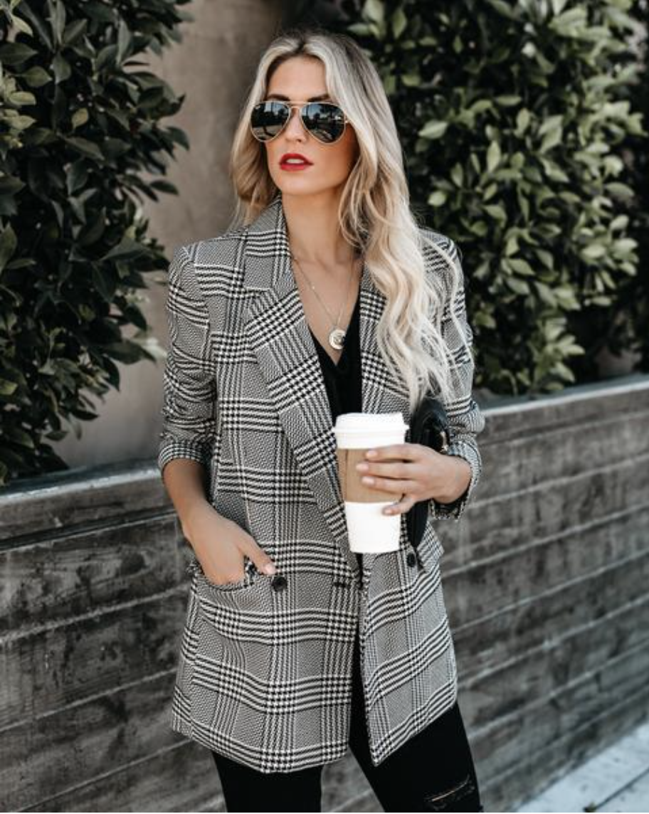 Vici dolls plaid blazer featured by top US fashion blogger Lombard and Fifth: image of a woman wearing Vici's plaid blazer