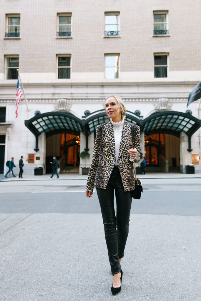 Luxury staycation at the Palace Hotel San Francisco featured by top San Francisco blogger, Lombard and Fifth: image of a woman wearing a Veronica Beard leopard print jacket, TOPSHOP faux leather skinny pants, Halogen blouse and Gucci Marmont matelasse bag.