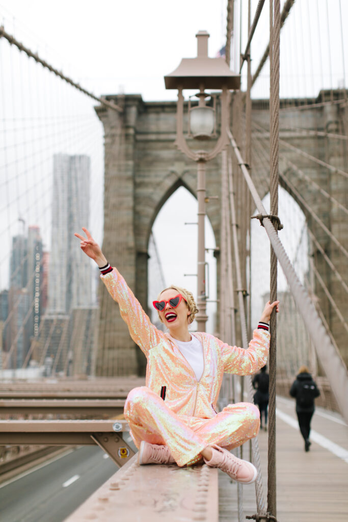 Hale Bob sequin jogger in NYC, Brooklyn BridgeBirthday resolutions featured by top San Francisco fashion blogger Lombard and Fifth