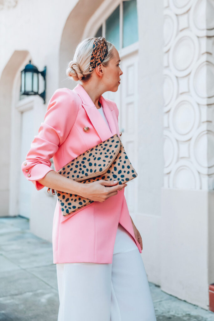 River Island pink blazer and leopard clutch workwear look featured by top San Francisco fashion blogger Lombard and Fifth