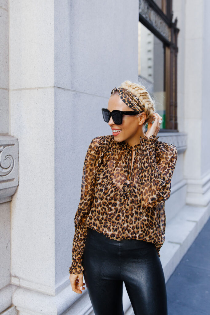 Veronica Beard leopard blouse leather leggings featured by top San Francisco fashion blogger Lombard and Fifth