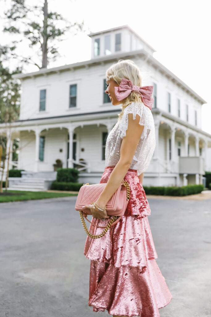 Rachel Parcell pink sequin tiered skirt, valentine’s day style featured by top San Francisco fashion blogger Lombard and Fifth.