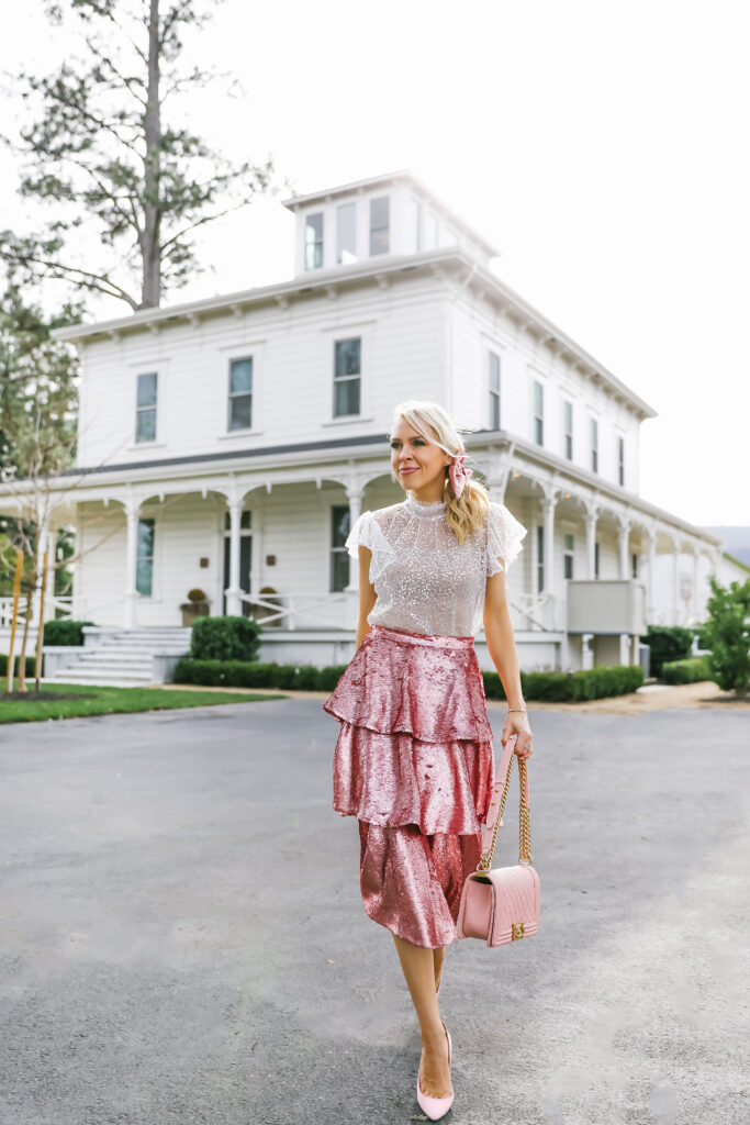 Rachel Parcell pink sequin tiered skirt, valentine’s day style featured by top San Francisco fashion blogger Lombard and Fifth.