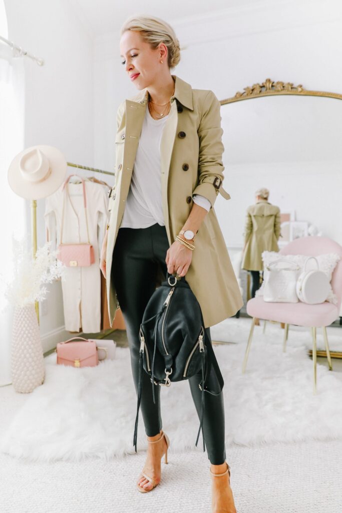 Faux leather leggings styled 5 ways, featured by top San Francisco fashion blogger Lombard and Fifth. Neutral casual style.