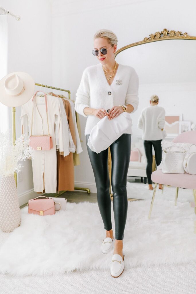 Faux leather leggings styled 5 ways, featured by top San Francisco fashion blogger Lombard and Fifth. Neutral casual style.