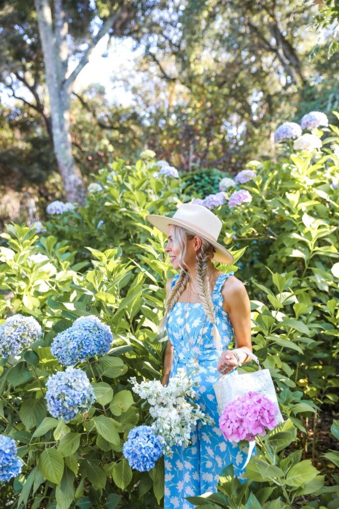 Faithful the brand jumpsuit shopbop in a hydrangea garden in Filoli, featured by San Francisco style blogger Lombard and Fifth.