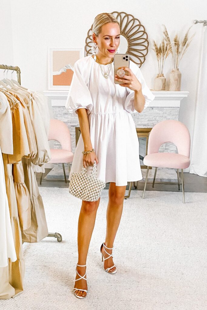 Topshop Asos beige and white puff sleeve dress, featured by San Francisco style blogger Lombard and Fifth.