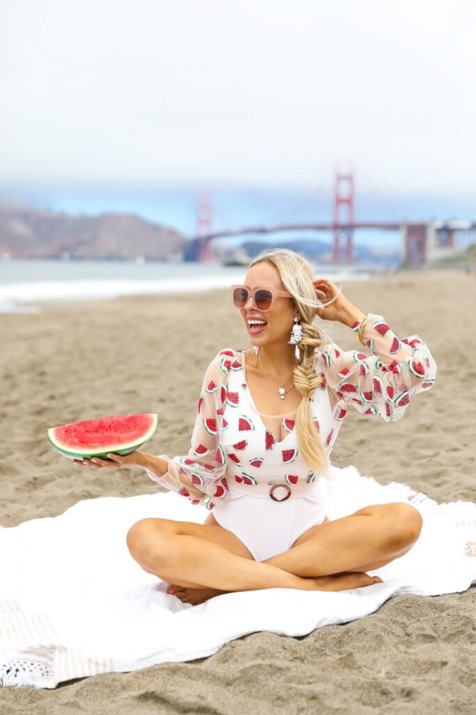 H&M white bathing suit on Baker beach by the golden gate bridge, swimsuit round up, featured by San Francisco style blogger Lombard and Fifth.