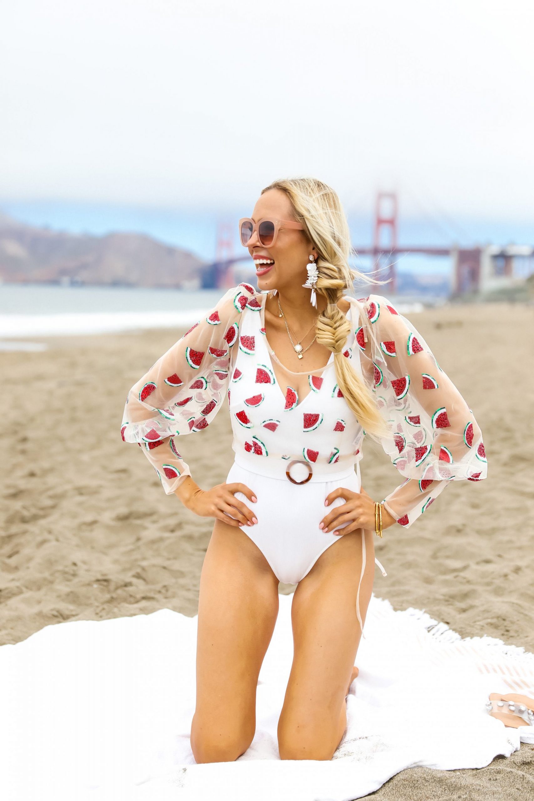 H&M white one piece swimsuit at Baker beach golden gate bridge with watermelon, featured by San Francisco style blogger Lombard and Fifth.