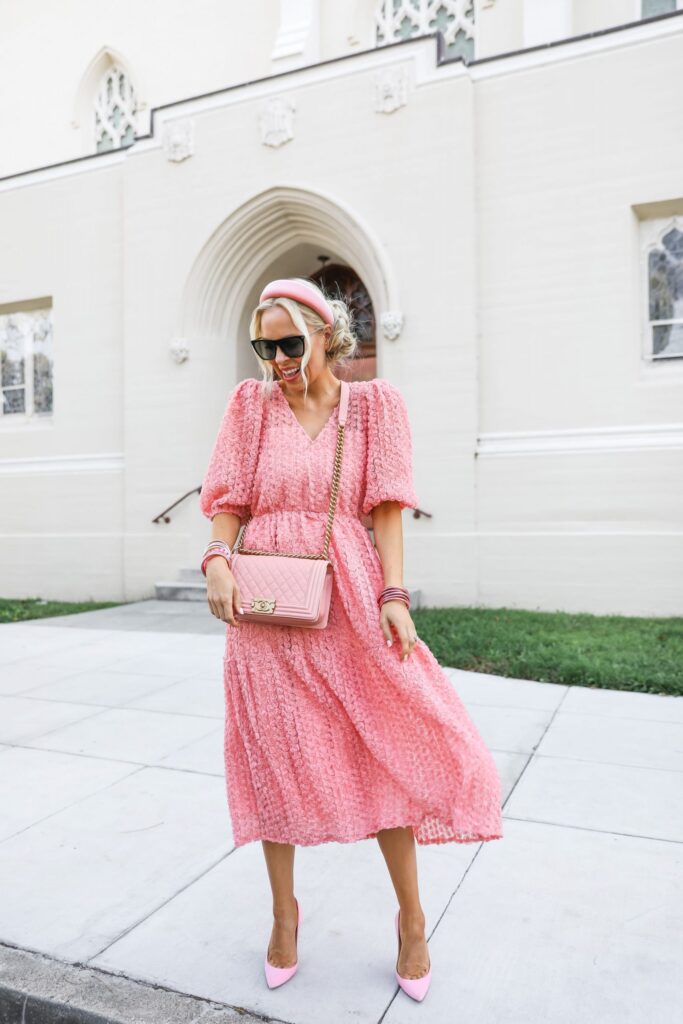 Dusty rose midi dress with chanel boy bag, feminine style by fashion blogger Lombard & Fifth.