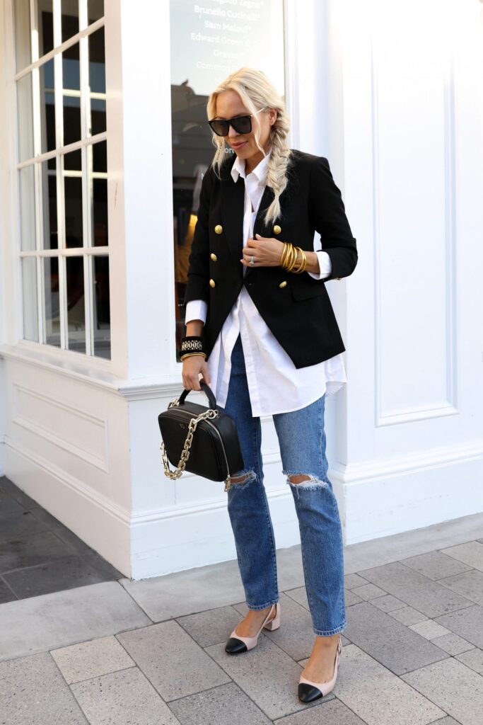 Express black gold button blazer casual chic style with budha girl bracelets, feminine style by fashion blogger Lombard & Fifth.
