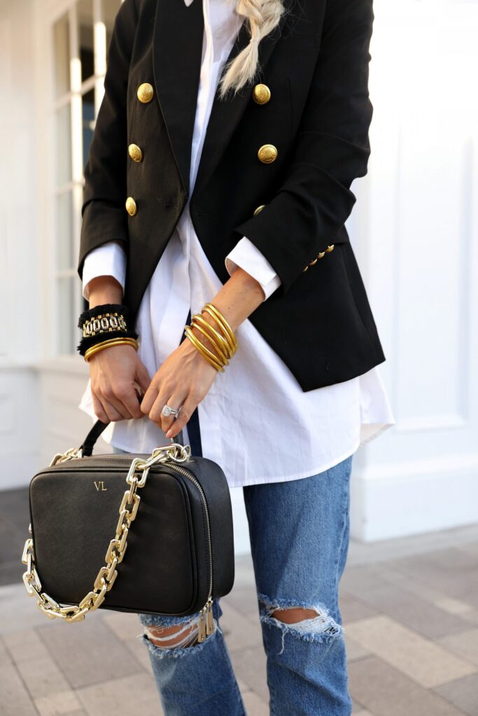 Express black gold button blazer casual chic style with budha girl bracelets, feminine style by fashion blogger Lombard & Fifth.