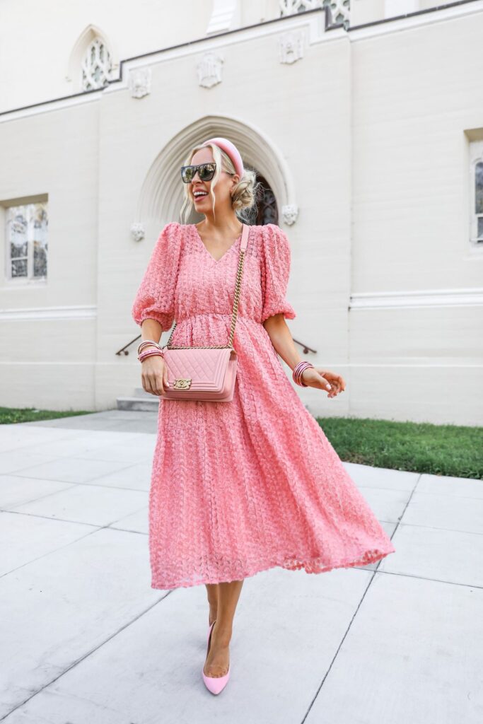 Dusty rose midi dress with chanel boy bag, feminine style by fashion blogger Lombard & Fifth.