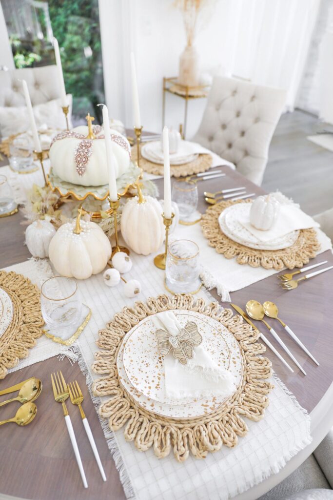 Neutral glam fall table scape décor, farm house style, by lifestyle blogger Lombard & Fifth