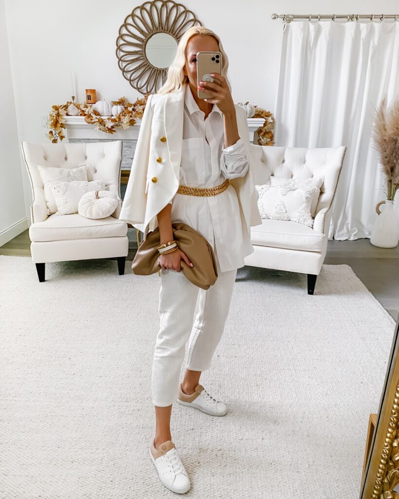 Express double breasted white blazer, chic neutral style inspiration for fall, by San Francisco fashion blogger Lombard & Fifth.