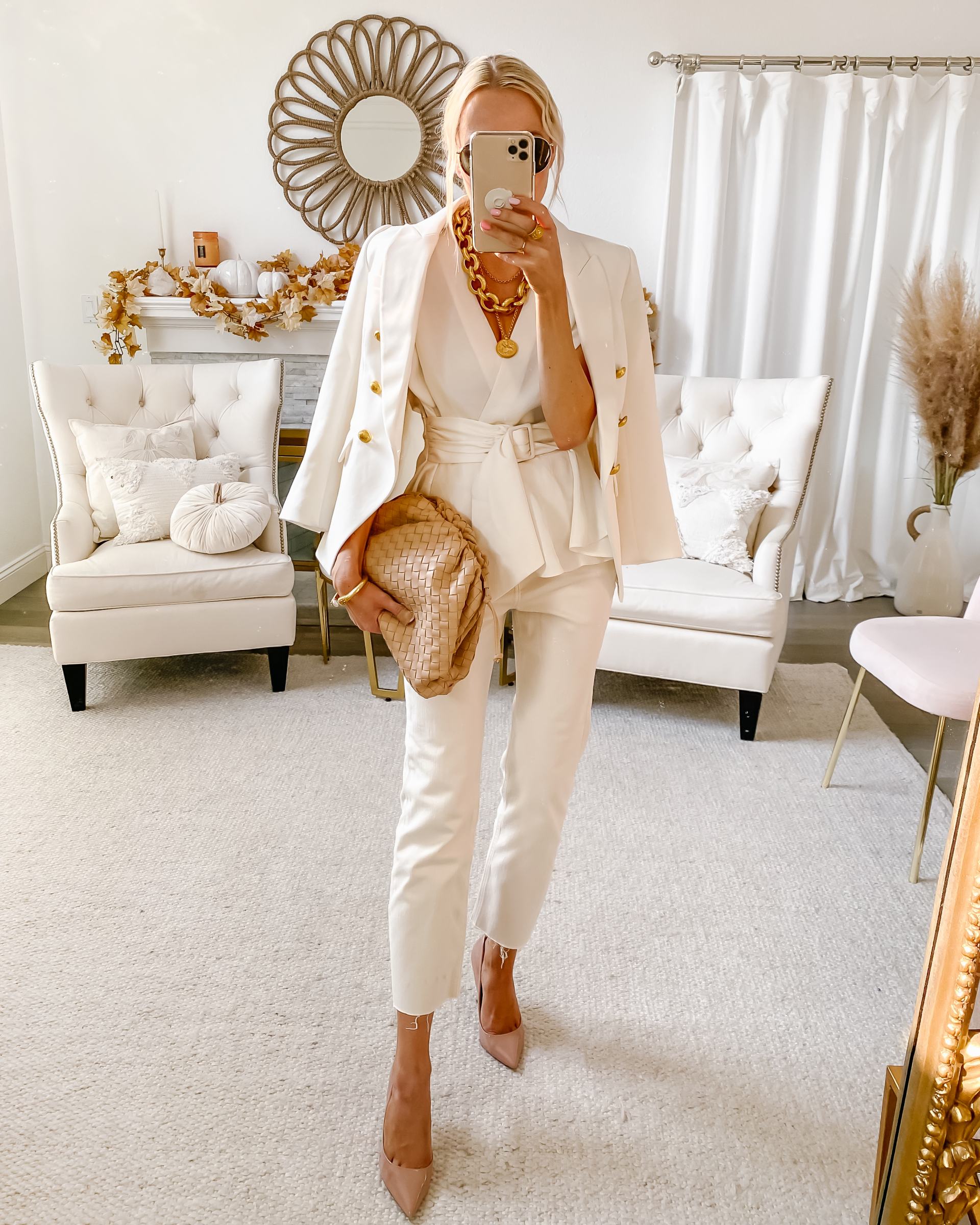 Express double breasted white blazer, chic neutral style inspiration for fall, by San Francisco fashion blogger Lombard & Fifth.