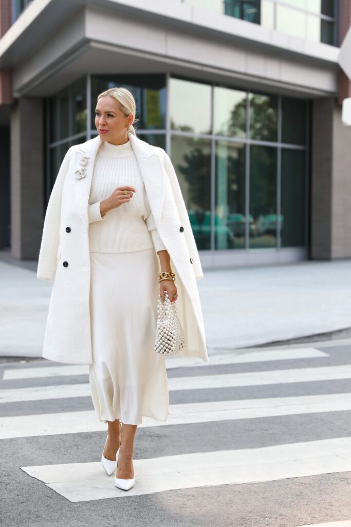 Express white Sherpa Double Breasted Car Coat sale, monochromatic all white style inspiration for fall, by San Francisco fashion blogger Lombard & Fifth.