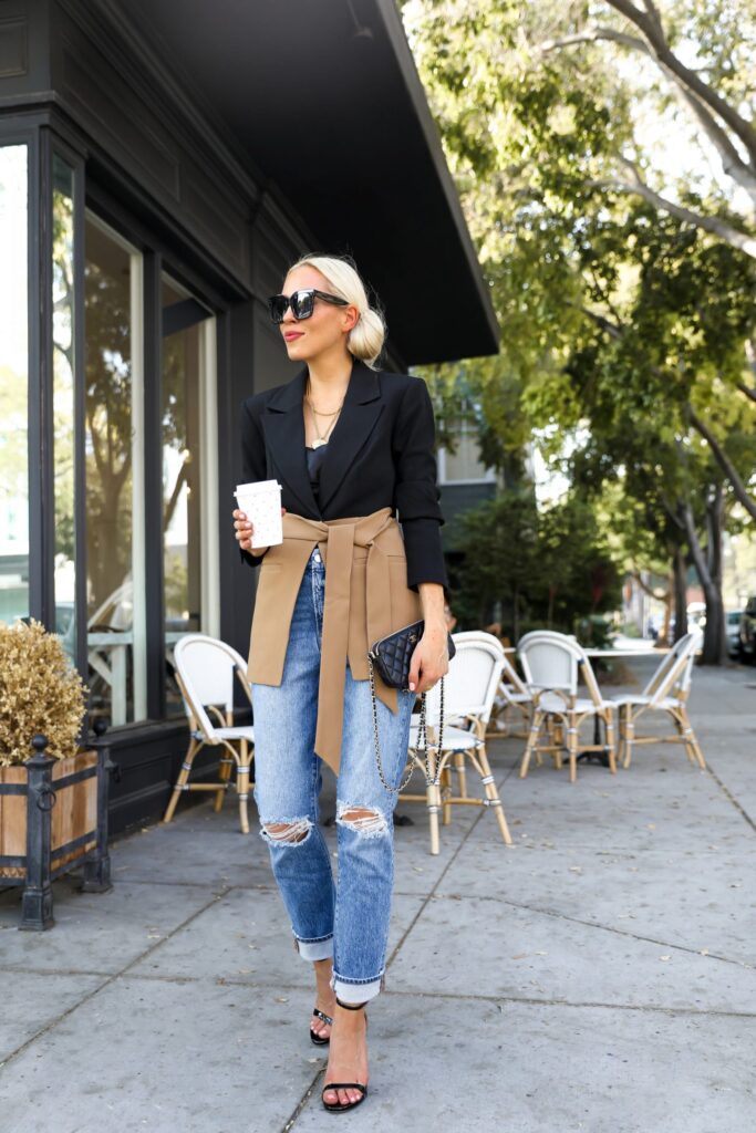 Good American side slit two-tone blazer, with denim casual chic style, by San Francisco fashion blogger Lombard & Fifth. French coffee shop.