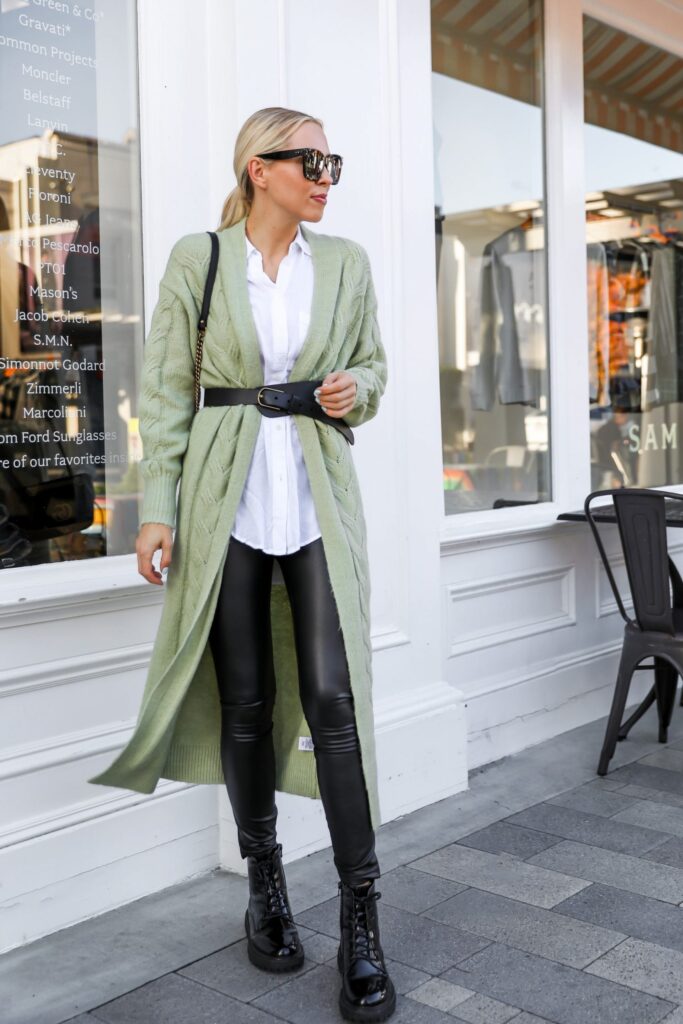 Best winter style from Nordstrom made brands featured by San Francisco fashion blogger Lombard & Fifth. Beige sweater with vegan leather leggings and statement belt.