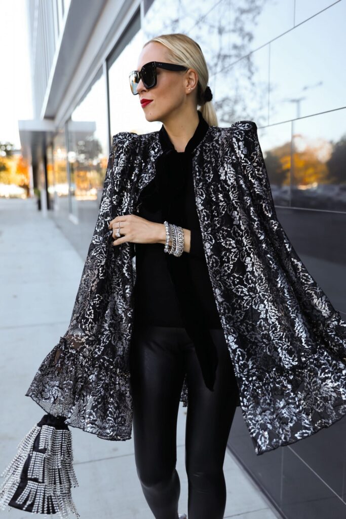 Victoria Emerson holiday sale, featuring best accessories sale pieces paired with H&M x Vampire’s Wife silver cape. By fashion blogger Lombard & Fifth.